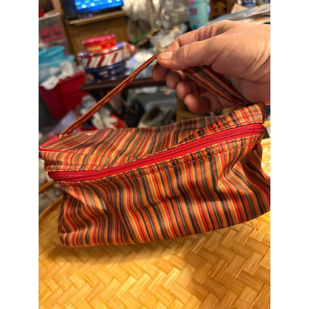 Lancome Striped Makeup Bag Orange Red Black Cosmetic Travel Case Zip Top Handle